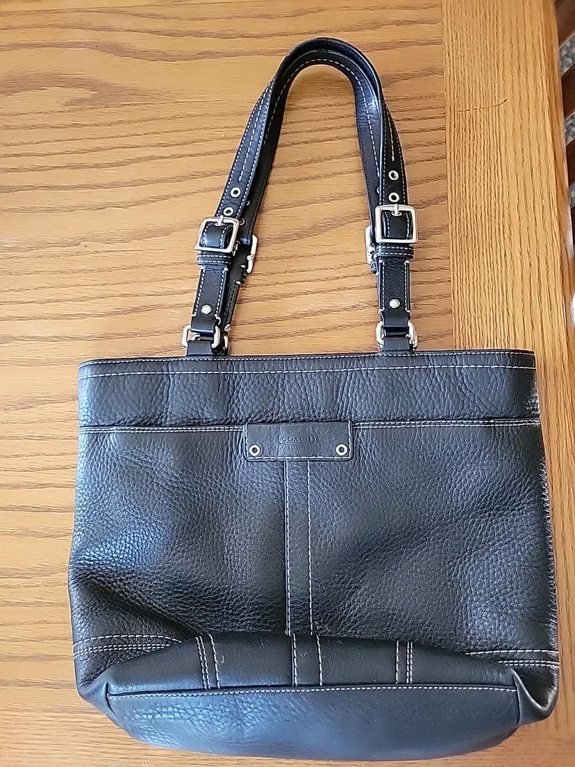 Coach Black Leather Double Handle Shoulder Bag Purse black leather Keychain