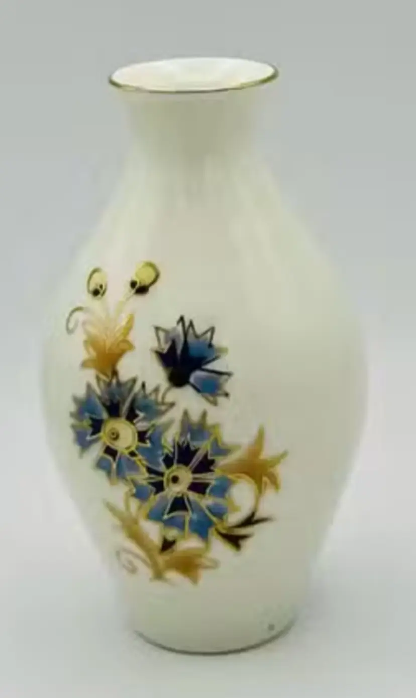Zsolnay Hungary Porcelain Vase | Hand Painted Blue Floral, Gold Trim (5.5”)