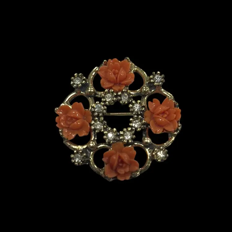 Vintage Coral Flower Brass Tone Brooch with Rhinestones