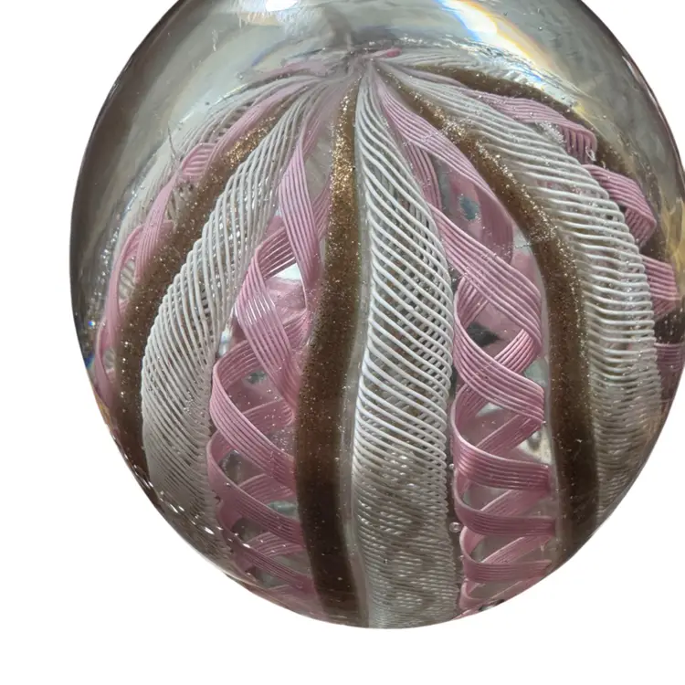 Venetian Glass Paper Weight, Dome shaped, White Latticinio, Gold Iridescent Bands, Pink Ribbons, Good Codition