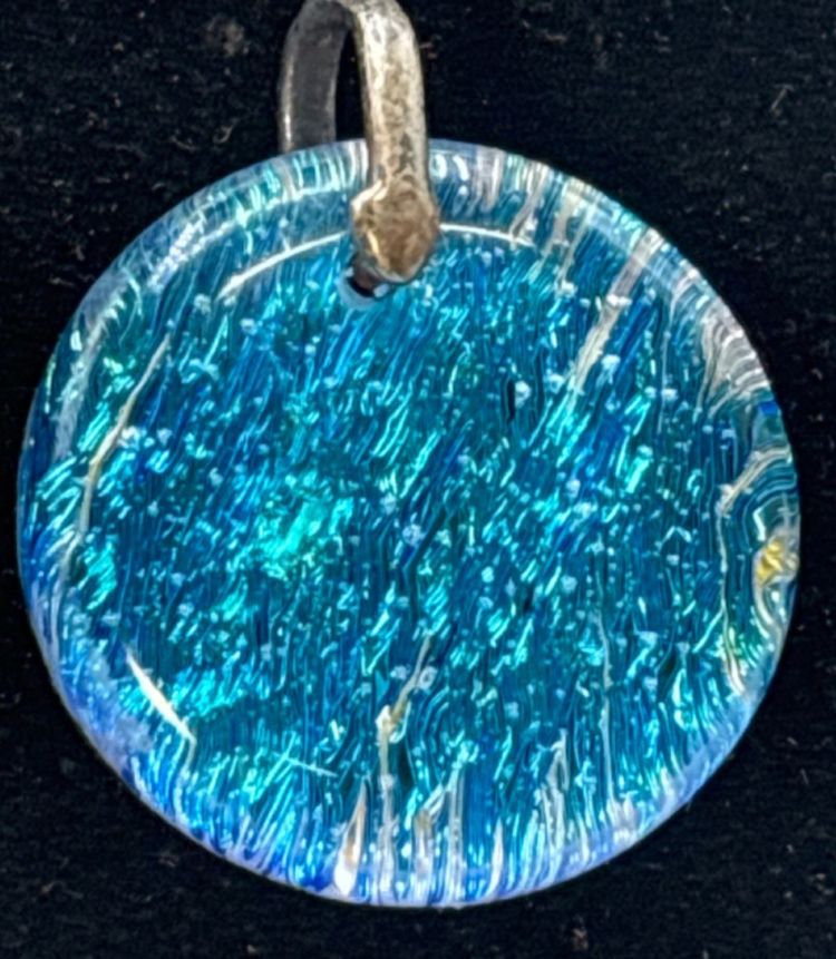 925 Sterling Silver Dichroic Blue Pendant on Wide Hammered Hard Wire Necklace Pendant 1.25 In with bale Chain Hook Over Clasp Approximately 16 Inch