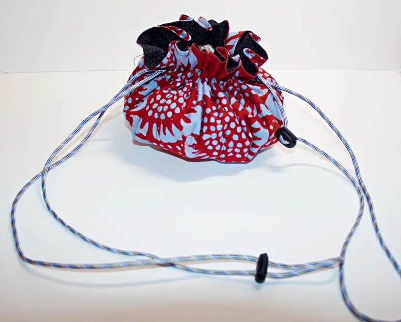 Dark red and light periwinkle batik fabric Dice bag