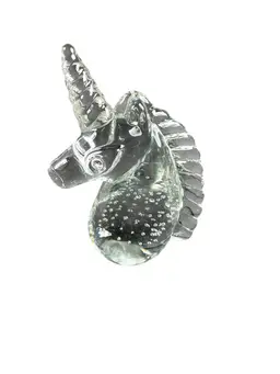 Unicorn Head Clear Glass Paperweight Controlled Bubbles