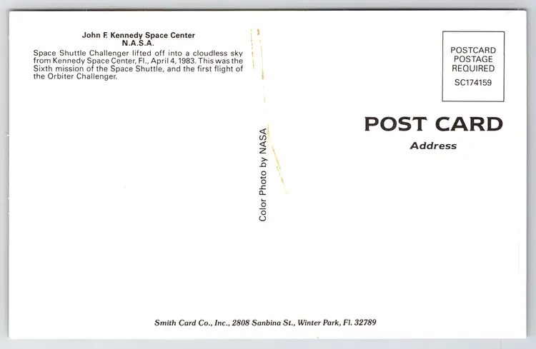 Postcard Space Shuttle Challenger Liftoff John F Kennedy Space Center Florida - 14654
