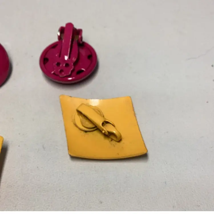 2 Pair Enameled Clipon Earrings - Pink Round 1/2” & Gold Triangle 1 1/4” Like New Condition