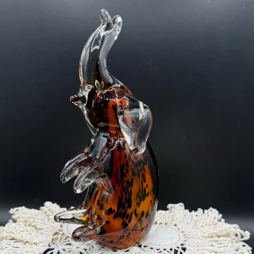 🐞Vtg Hand Blown Art Glass Elephant Figurine – Amber Tortoiseshell Pattern 7.5x3.5”