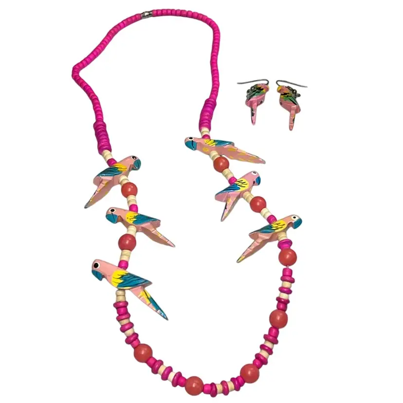 Vintage Wood Carved Parrot Necklace w/ Earrings So Fun! 26” Set