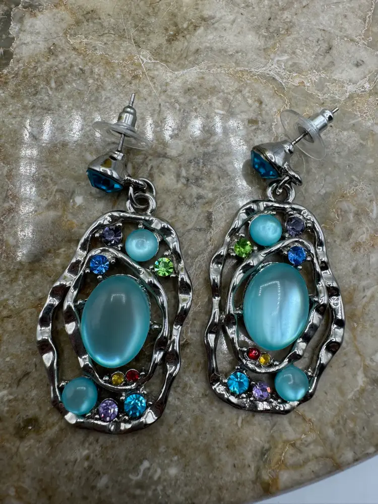 Silver Tone Multi Colored Rhinestone Pierced Earrings