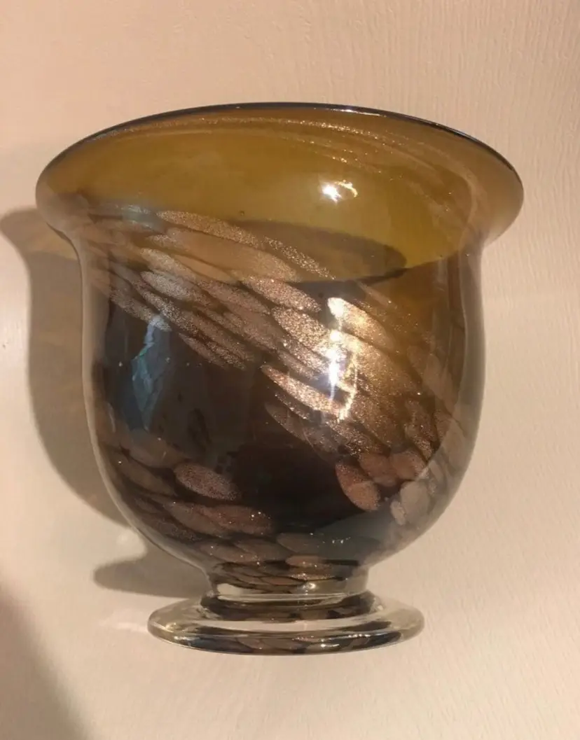 Amber & Copper Aventurine Swirl with Round Pedestal Base Glass Vase