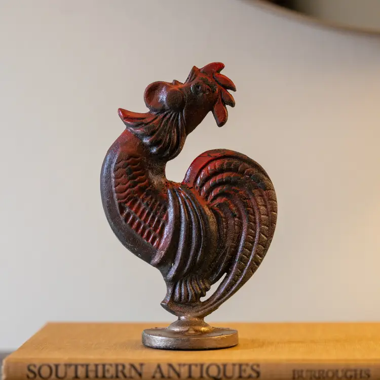 Vintage Cast Iron Rooster Figurine – Chippy Red & Black Paint | Old-school cast-iron rooster