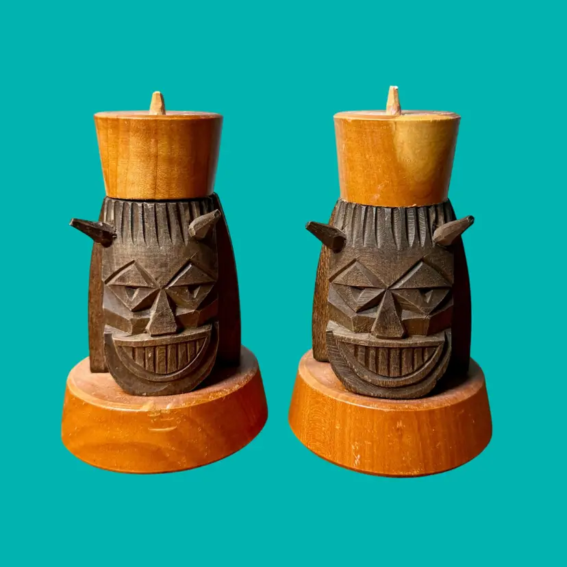5” Vtg Hand Carved Buso Mask Tribal Figure Candle Holder Pair TIKI Style READ