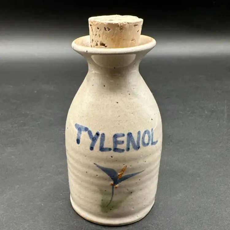 Pottery “Tylenol” Cork Stopper Medicine Bottle, 4.25”T, Unsigned