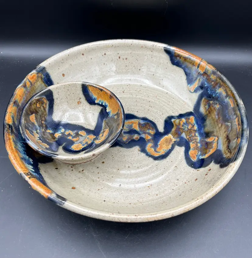 Jepson Pottery Handmade Stoneware Beige/Black/Rust Drip Glaze Chip & DipTray 11”