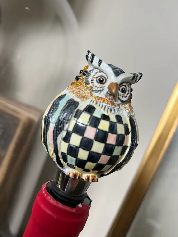 #B1- Amazing Mckenzie Childs Hoot Owl Wine Bottle Stopper Courtly  Check Pattern approximately 5 inches tall