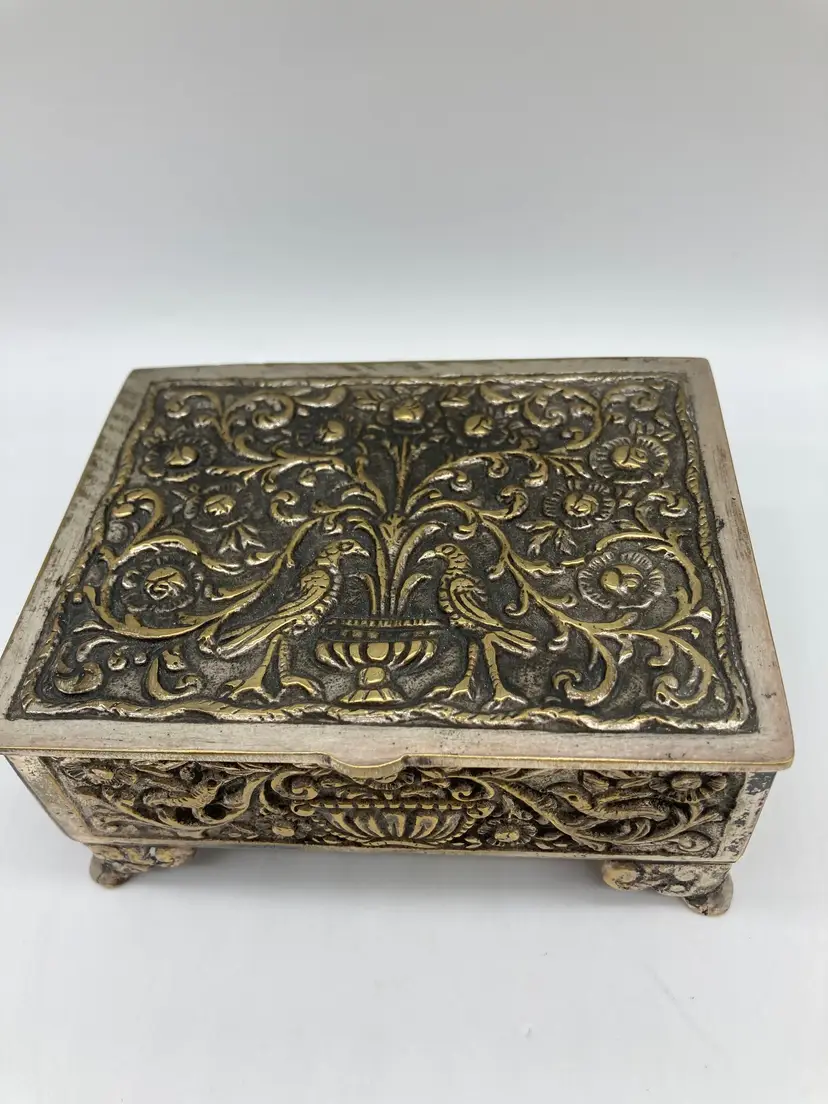 Silverplate Footed Trinket Box with Birds on Top