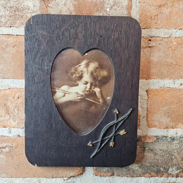Antique Victorian Wood Frame Cupid Lithograph Heart Shape Bow and Arrow Detail