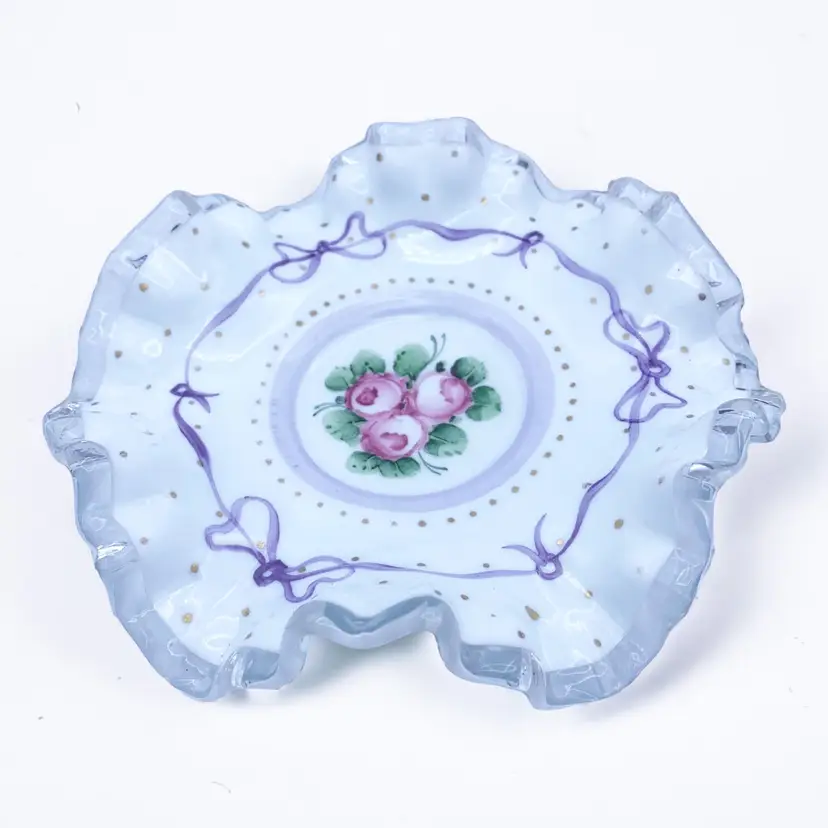 Fenton Dish Charleton Roses Bows Hand Painted Silver Crest Milk Glass 5” 1943-58