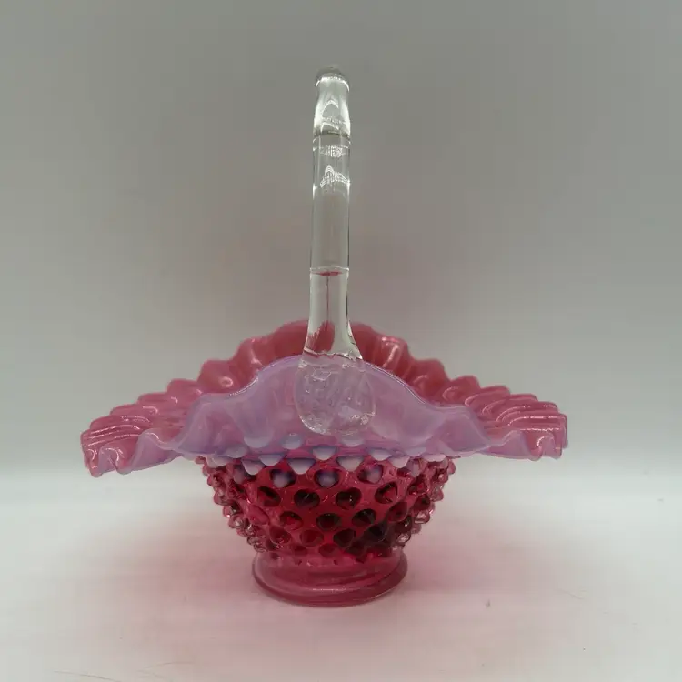 Vintage Pilgrim Art Glass Cranberry Opalescent Hobnail Ruffle Crimped Basket