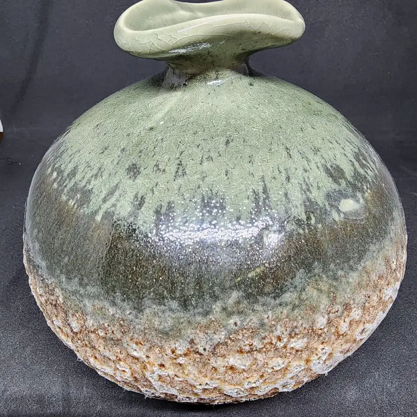 Vintage Studio Pottery Ceramic Green Brown Small Vase with Lava look