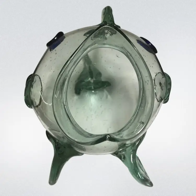 Large Mexican Hand-Blown- Art Glass Fish Vase/Terrarium – Pale Aqua w/ Cobalt Eyes - 12” x 9.75”