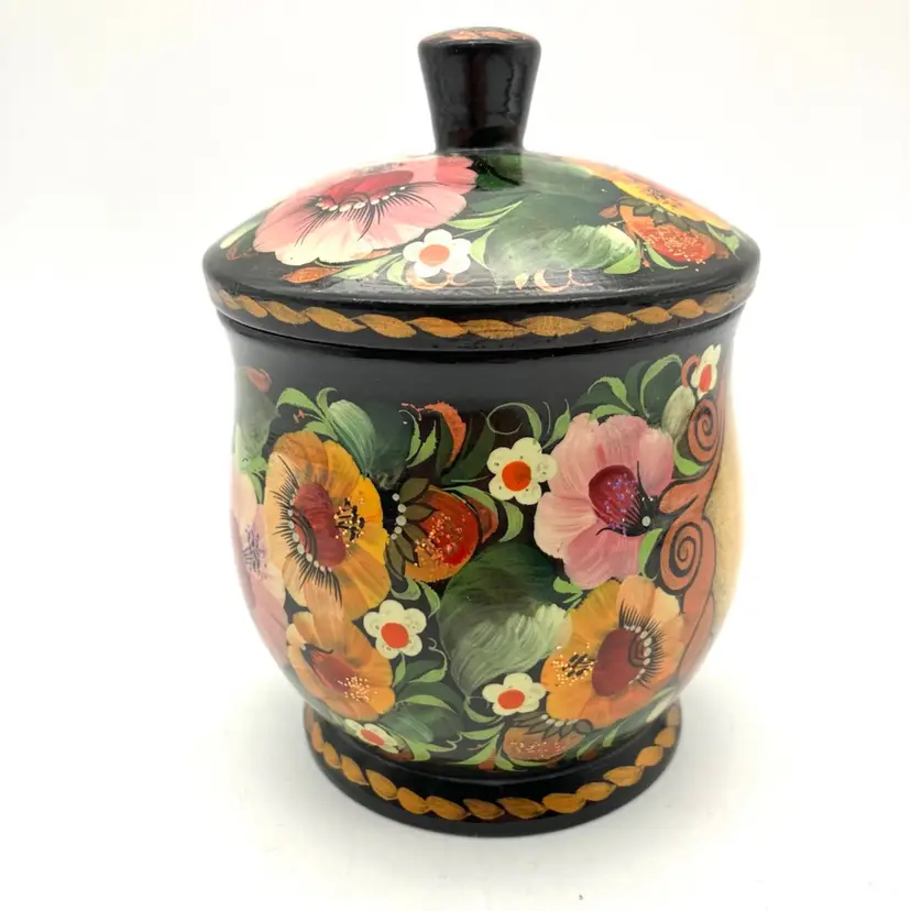 BIN - Ukrainian Floral Painted Lidded Wooden Canister Jar Airtight Signed