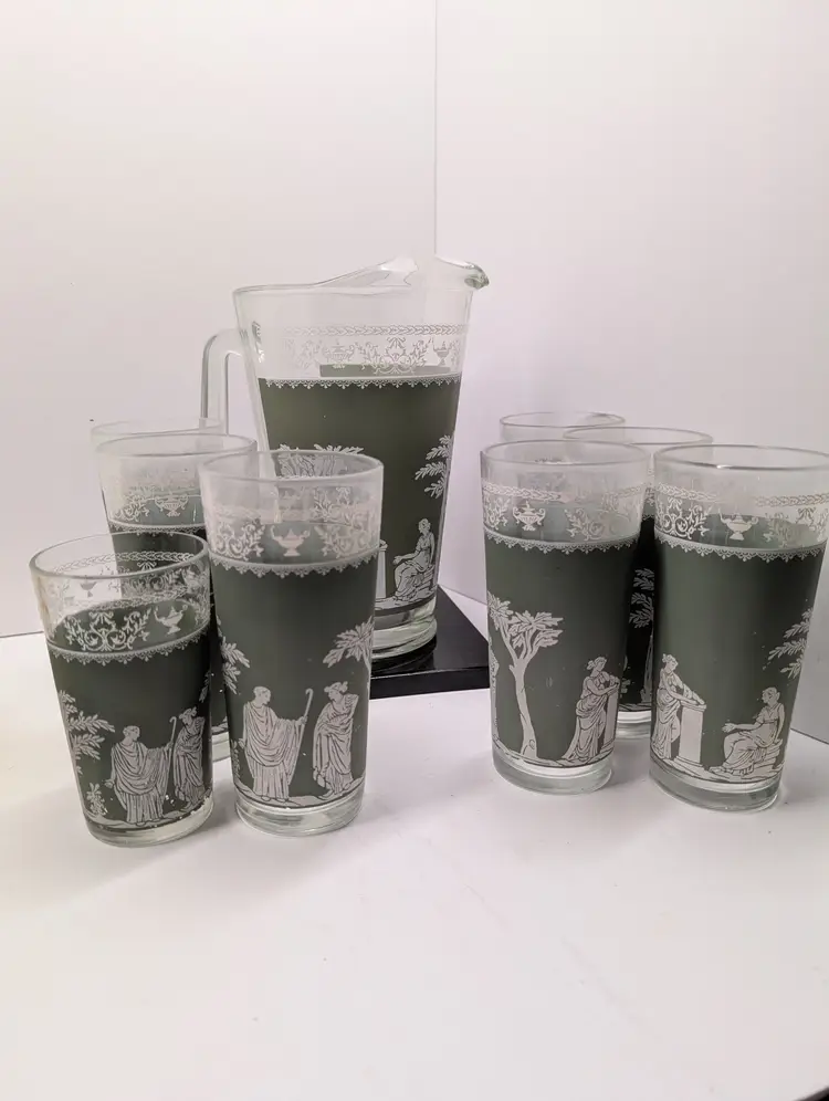 Jeannette Glass Hellenic Green pitcher and seven tumblers  and one juice glass *AS IS*