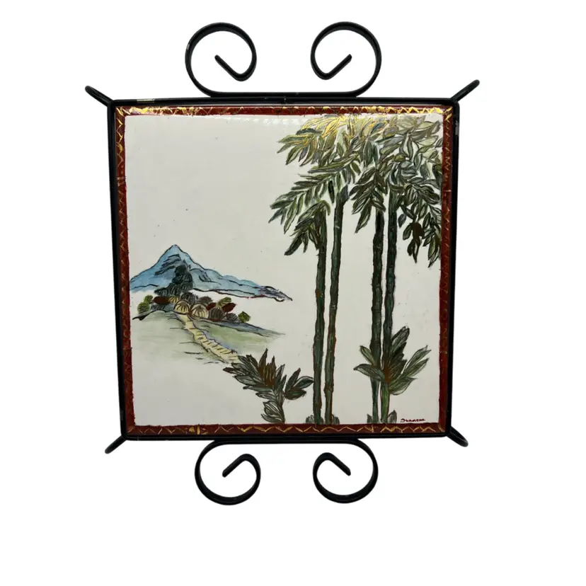 Hand Painted Signed Ceramic Trivet With Metal Stand Japan 6.25”