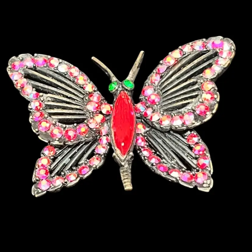 Weiss!  Butterfly Brooch- Red Navette Center-Pink AB Border-Green Rhinestone Eyes- Japanned Metal- Pin – 1950s Vintage- Gorgeous!