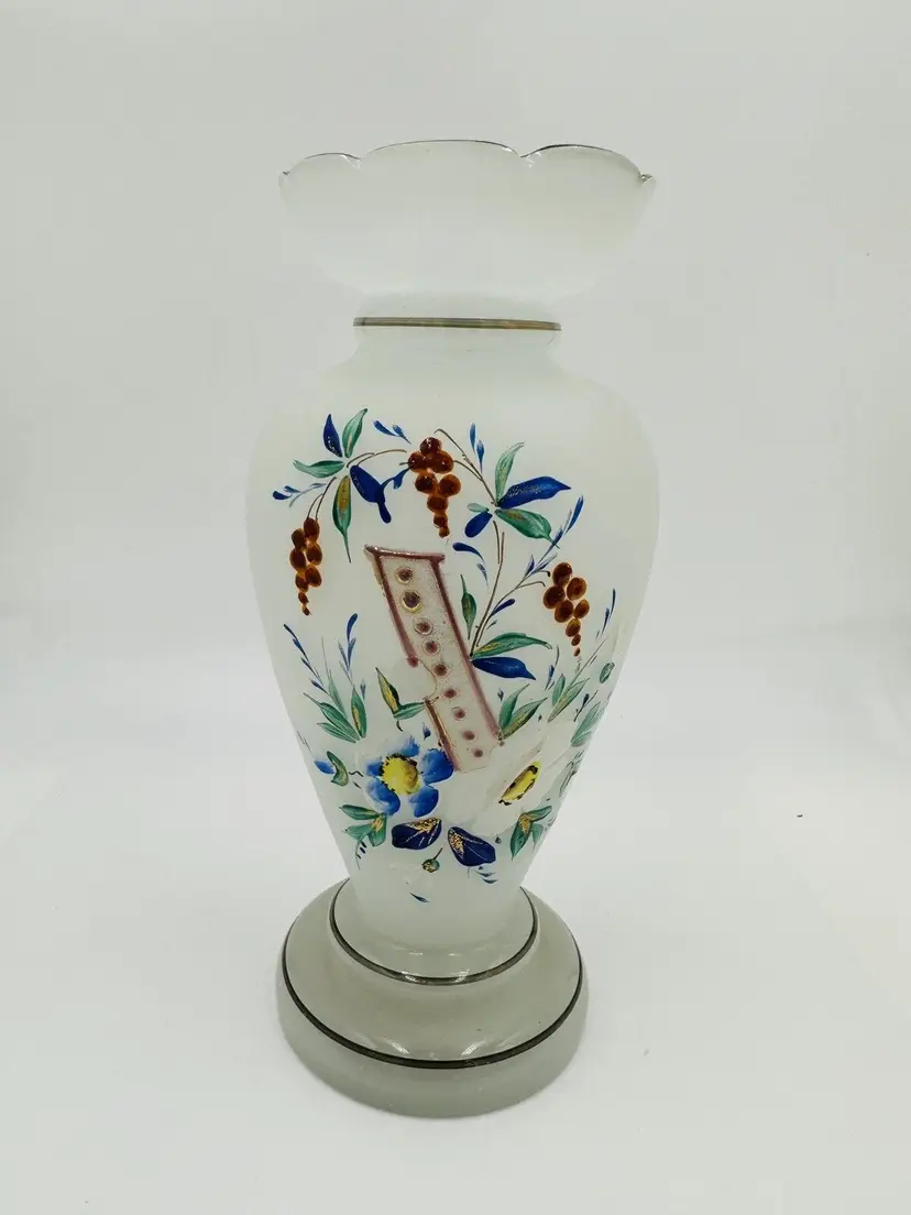 Vase Victorian Bristol Opaline Floral Hand Blown & Hand-Painted on White Decor
