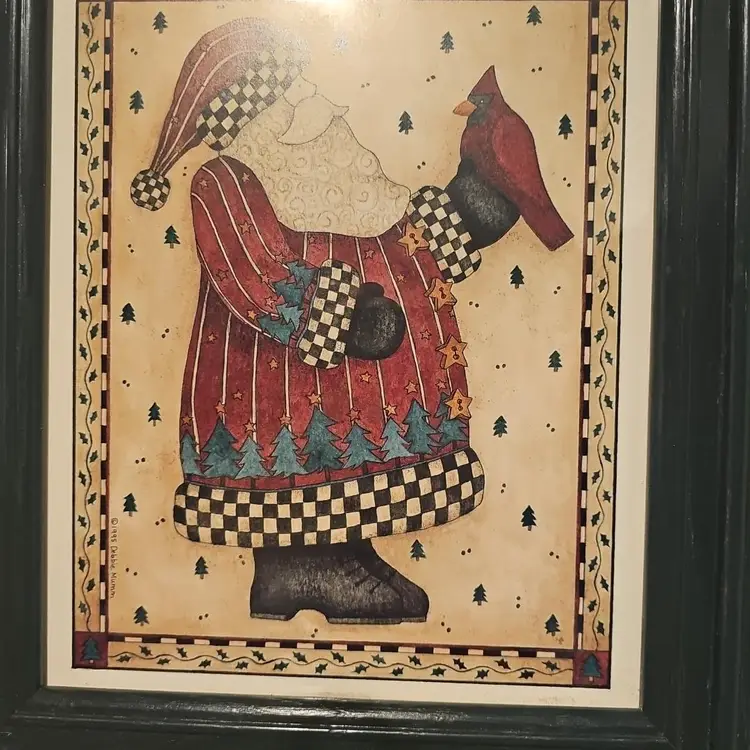 Vintage 90s Debbie Mumm Santa Framed Christmas Print Folk Art 10 X 12