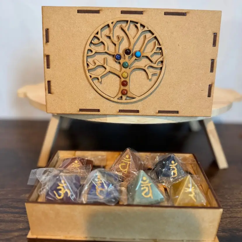 Chakra Tree of Life w/ Pyramid Genuine Gemstones Wooden Box Set NEW