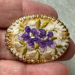 Vintage Petit Point Embroidered Gold Tone Brooch Pin Purple Pansy Violets Hand Stitched