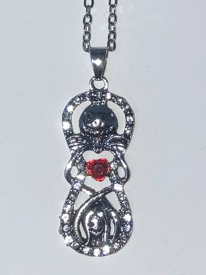 Jack Skellington and Sally! Sparkling Rhinestones with a Red Crystal Heart! 18” Silvertone Chain With Lobster Clasp Closure And A 2” Extender!