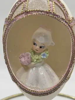 Vintage Christmas Handcrafted Large Egg Pink Diorama Girl Figurine Ornament