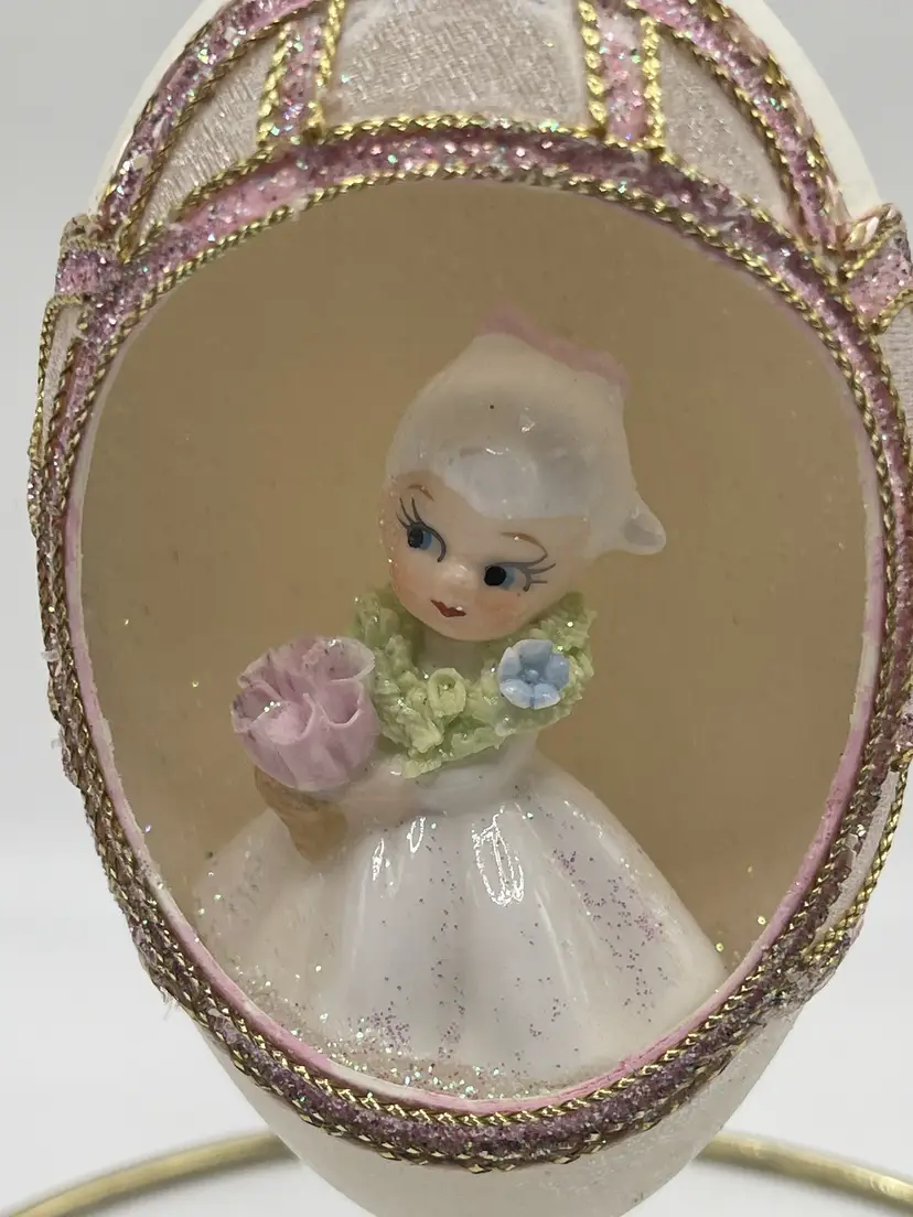 Vintage Christmas Handcrafted Large Egg Pink Diorama Girl Figurine Ornament