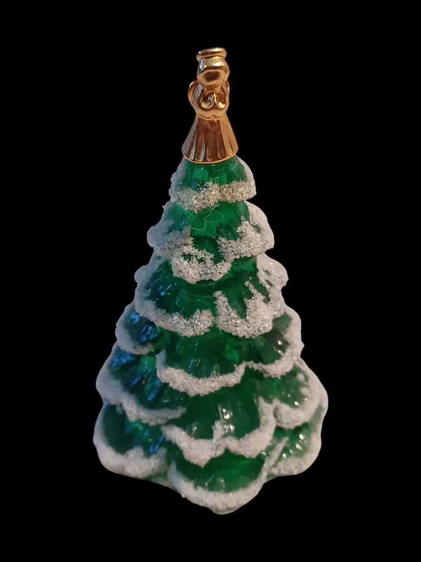 VTG Fenton Glass Christmas Tree Figurine Green Snow Frost Gold Angel 3.5" Sticker