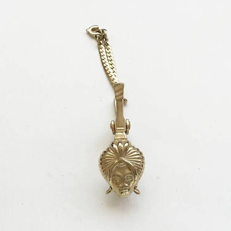 Vintage Figural Lady Turban Hoop Earrings Gold Tone Glove Clip Fob