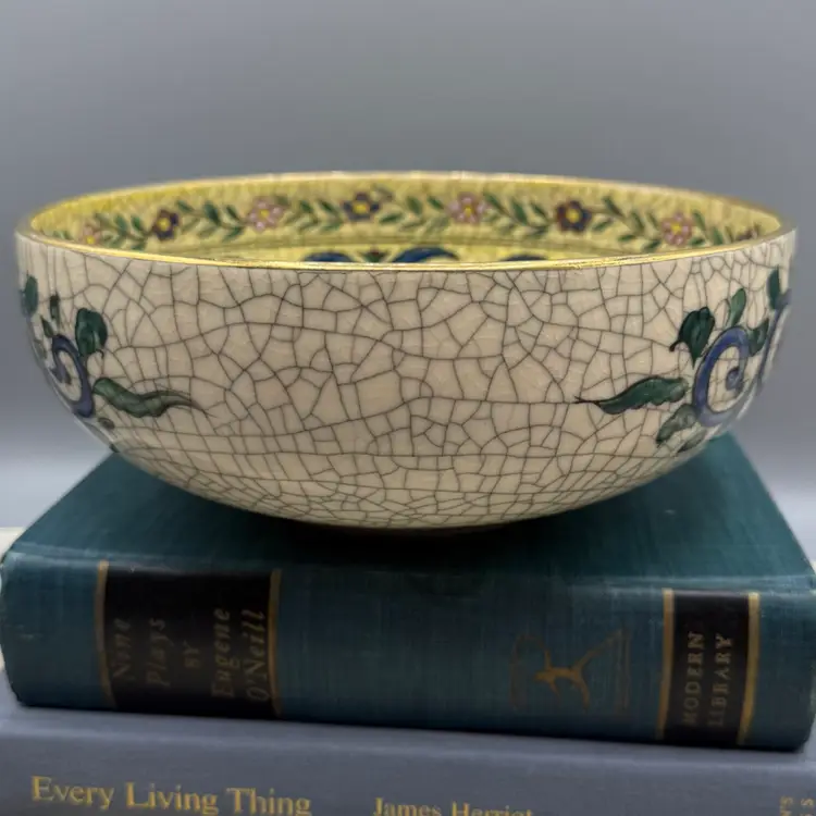 Vintage Japanese Satsuma-Style Crackle-Glaze Porcelain Centerpiece Bowl 8x3.5” Signed