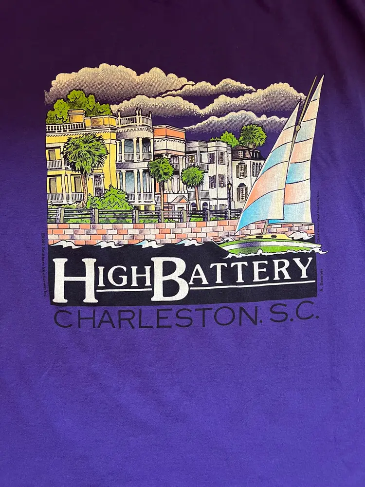 Vintage Hanes High Battery Charleston S.C. Purple Graphic T-Shirt XL 90s USA