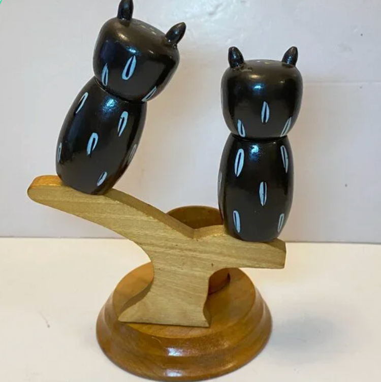 Wooden Owls on Tree Branch Salt & Pepper Shakers & Toothpick Holder