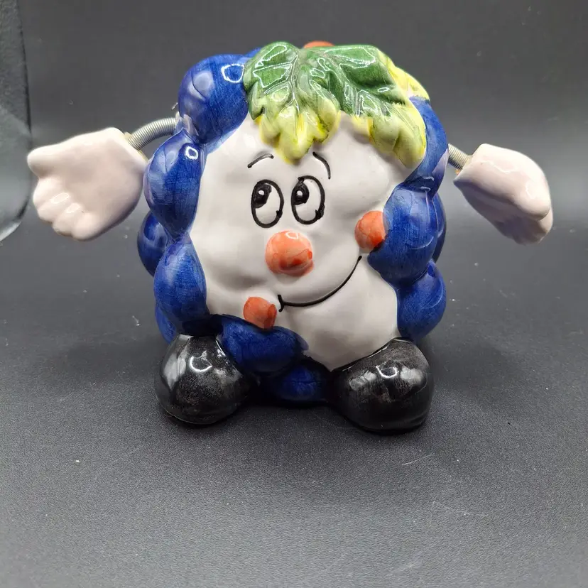 Vintage Ceramic Blue Grape-Shaped Coin Bank With Leaf Accent & Flexible Arms
