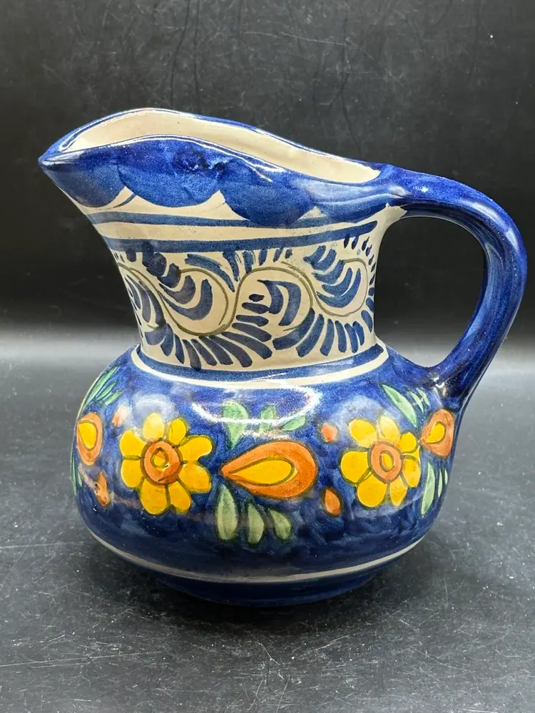 talavera pottery pitcher, signed Patlan Mexico, colorful floral design, 7 1/2”