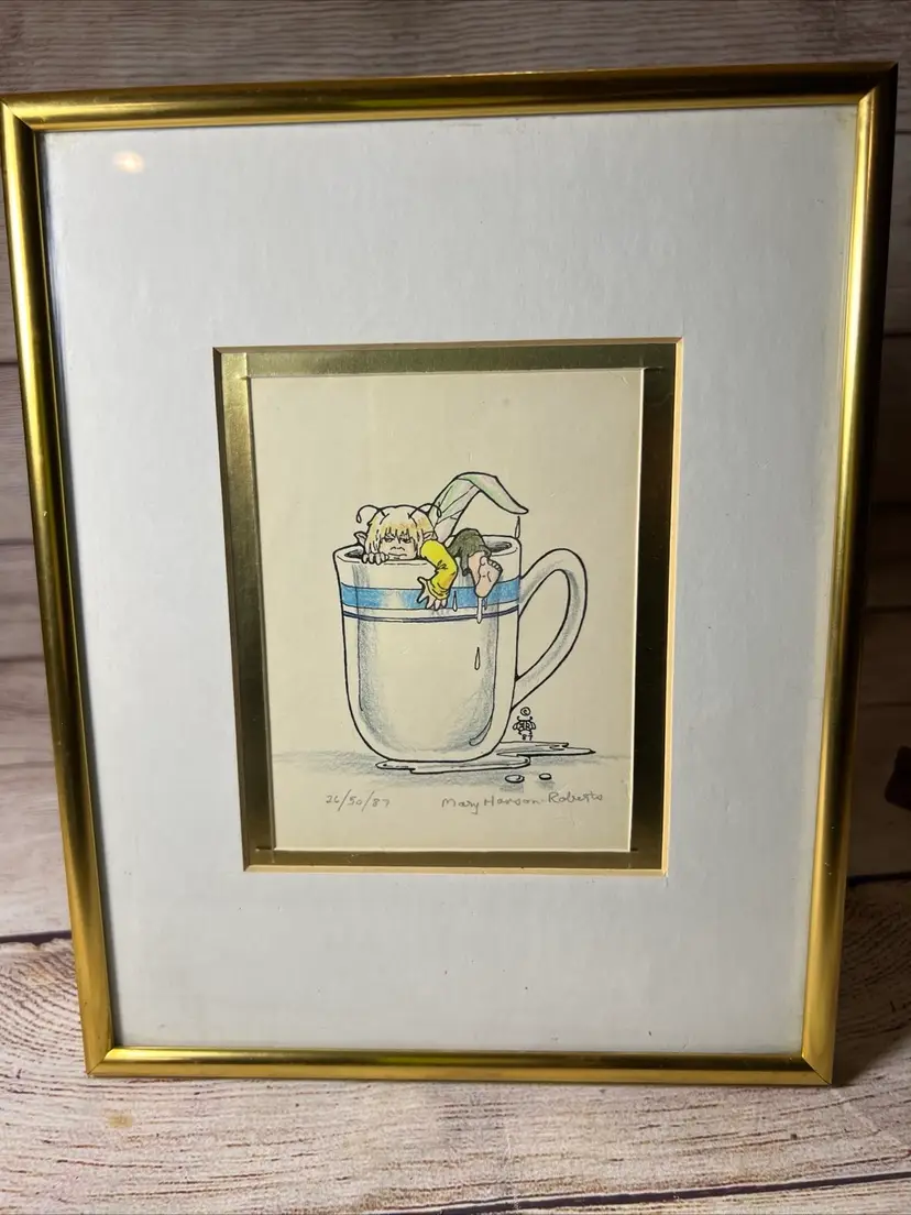 Vtg Signed Mary Hanson Roberts Art Print Fairy Coffee Cup “Little Dipper” 10x8”