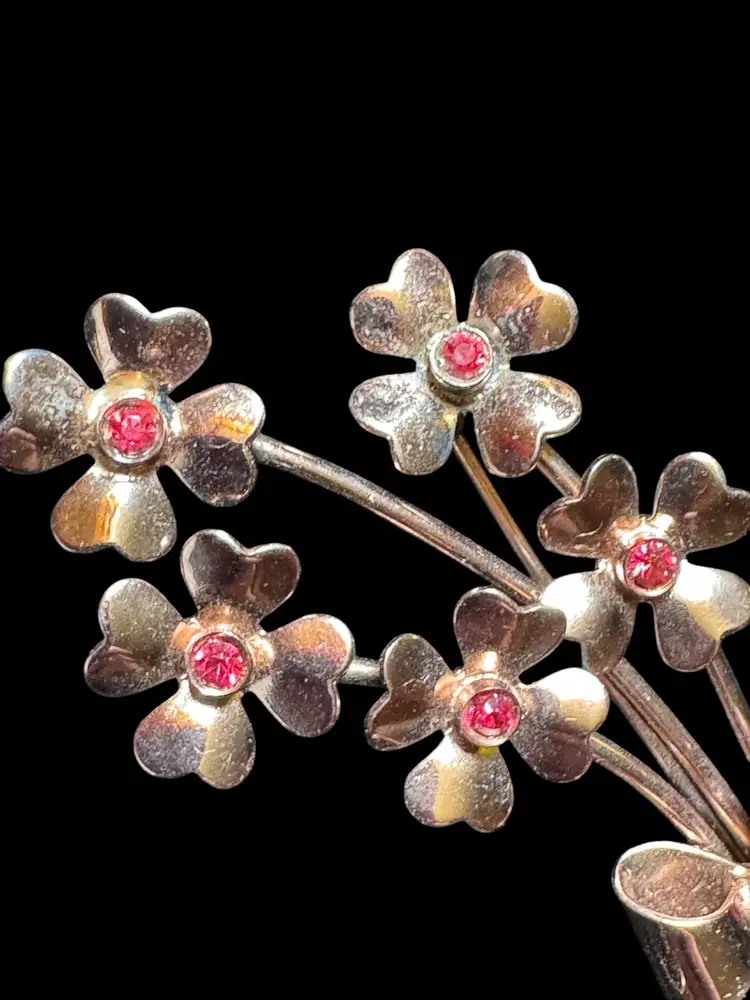 Vintage Coro Sterling Silver Vermeil Red Rhinestone Stem Flower Bouquet Brooch circa: 1940s