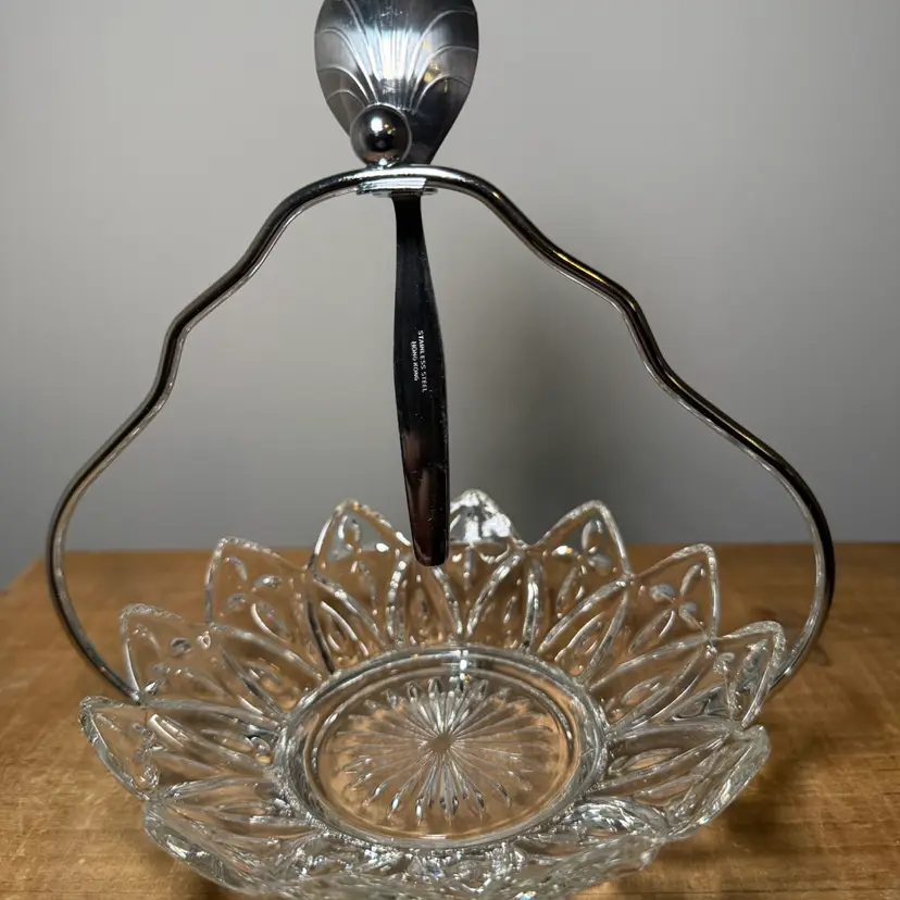 Federal Glass Petal Pattern Condiment Server with Chrome Handle and Shell Spoon