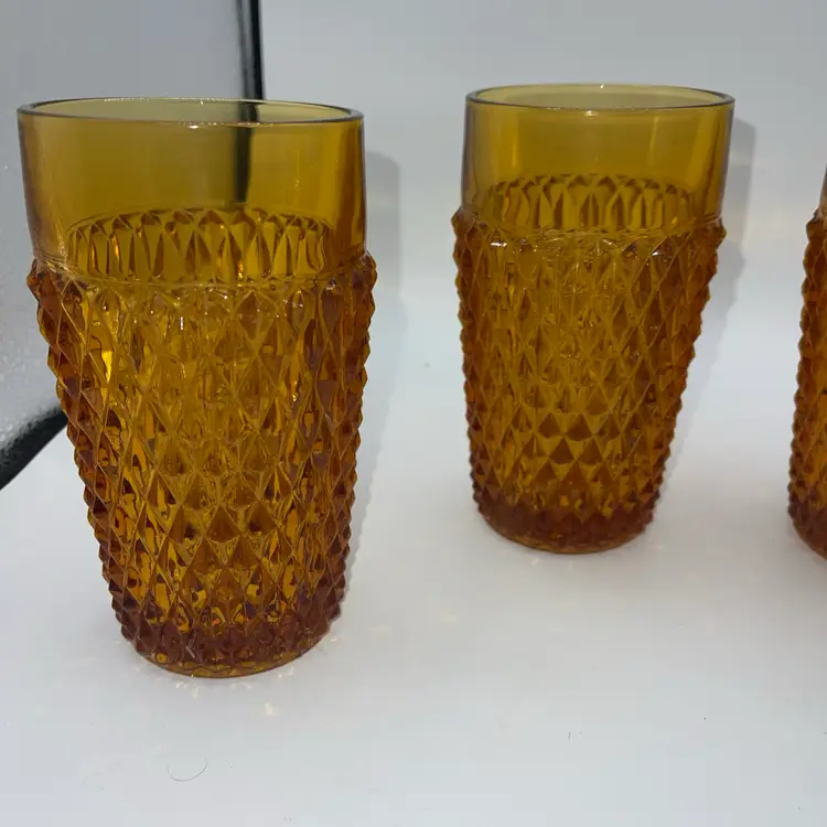 Vtg  Indiana Glass Diamond Point Flat Amber Tumblers Set of Four 5.75"