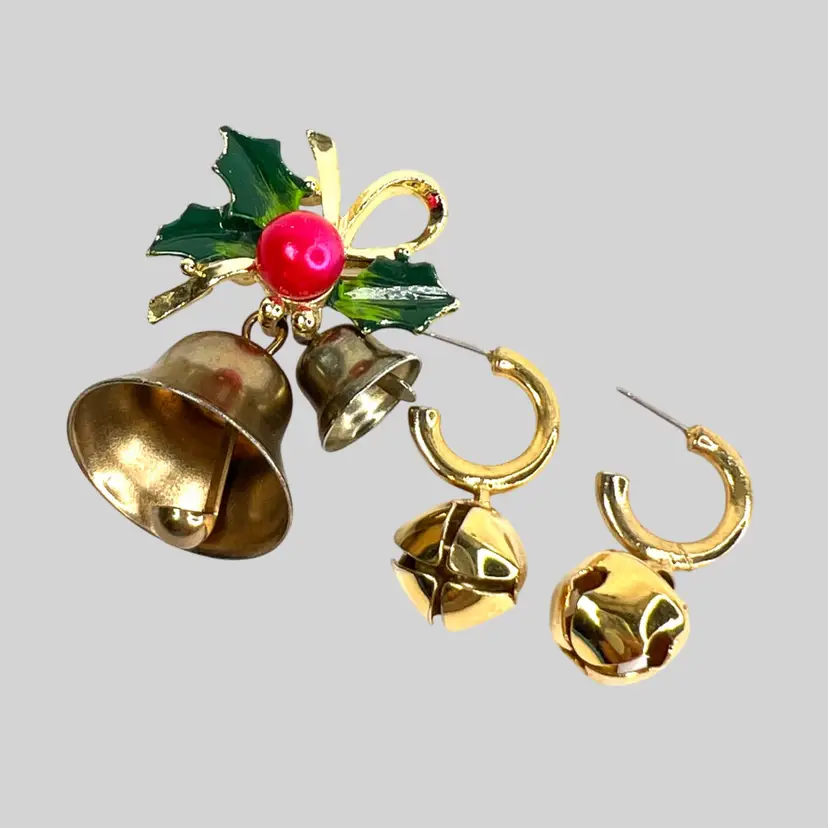 Poinsettia & Bells Enamel Brooch Pin. Pair Jingle Bells Earrings. Gold-tone. Great Christmas Holiday Spirit Jewelry.