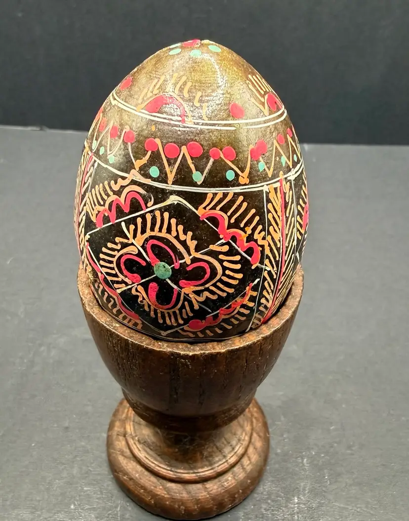 Wooden Painted Egg In Wooden Cup