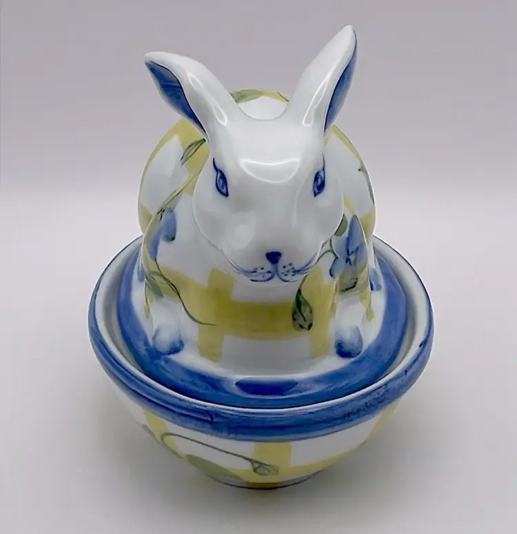 Andrea by Sadek, 2 pc, Ceramic, Rabbit/Bunny, Yellow Plaid/Violets, Trinket Dish