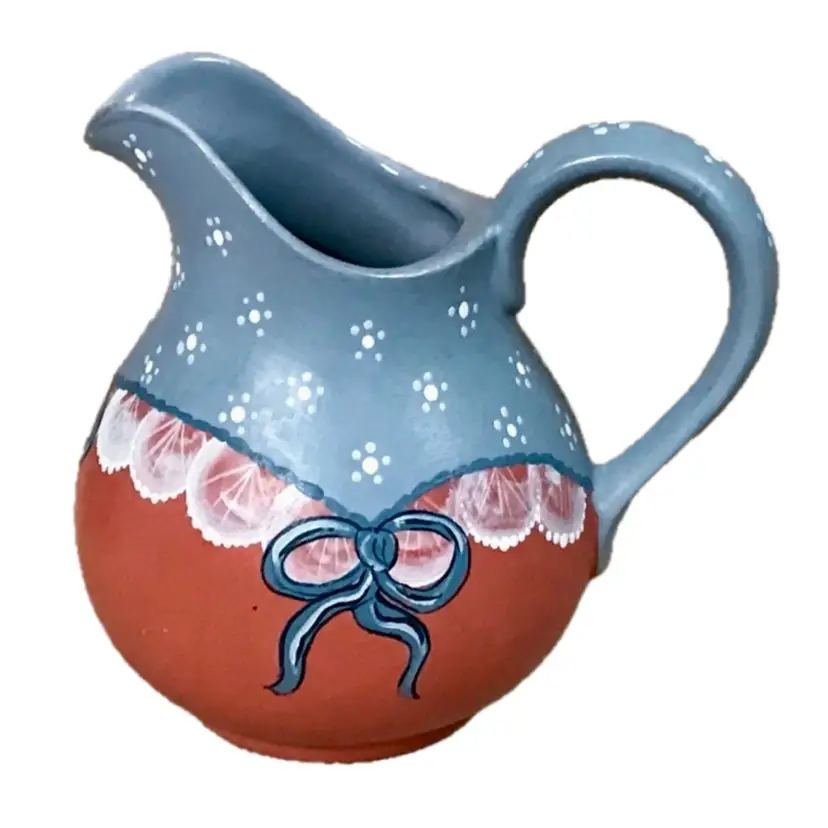 Handmade Blue Bow Creamer Milk Jug Pottery Americana Rustic Country Farmhouse